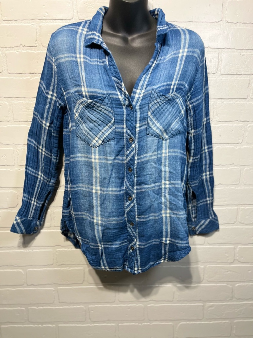 cloth & stone Blue Plaid Linen Shirt
